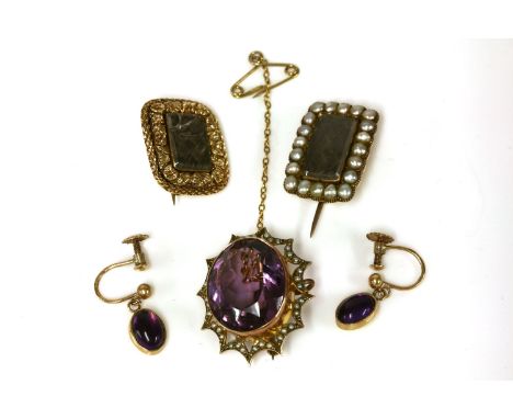 A gold single stone oval amethyst brooch, with seed pearl scalloped border, marked 9ct (pin not gold), 6.20g, a pair of gold 