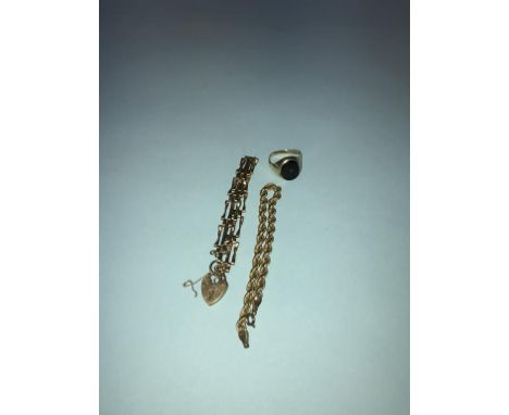 A 9ct gold ring and two bracelets, 14g