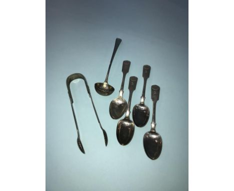 Four silver spoons, Marshall and Sons, Edinburgh 1850, pair of sugar nips and a ladle, 4.8oz