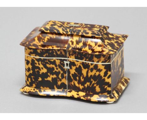 REGENCY TORTOISESHELL TEA CADDY, of serpentine form with twin canister interior, height 14cm, width 19.5cm, depth 13cm