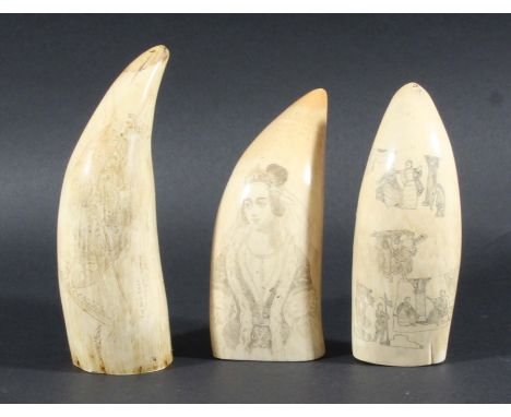 THREE SCRIMSHAW SPERM WHALE TEETH, the one carved with a ship titled The Cachelot and a whaling boat, one with a portrait of 