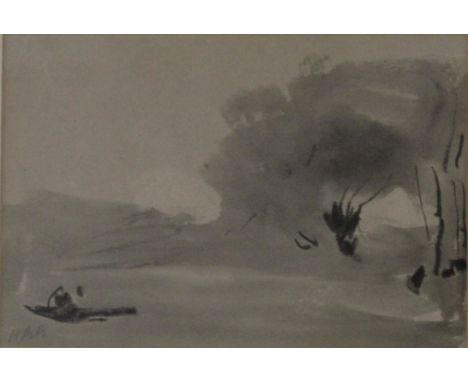 HERCULES BRABAZON BRABAZON (1821-1906) LAKE WITH A BOAT Signed with initials, grey wash and charcoal 11 x 16.5cm.; with two l