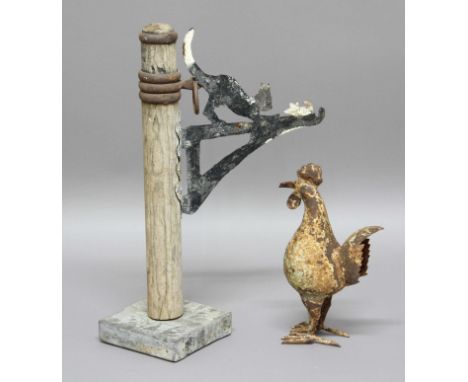 FOLK ART CAT SCRATCHING POLE, and a figure of a chicken (2)