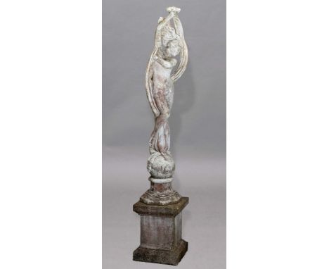 RECONSTITUTED STONE ART NOUVEAU STYLE DANCING GIRL, standing on a ball with drapes and hair flying, on a square section pedes