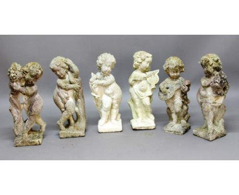 SET OF SIX CAST STONE CHERUBS, playing musical instruments or holding fruit, height 60cm (6)