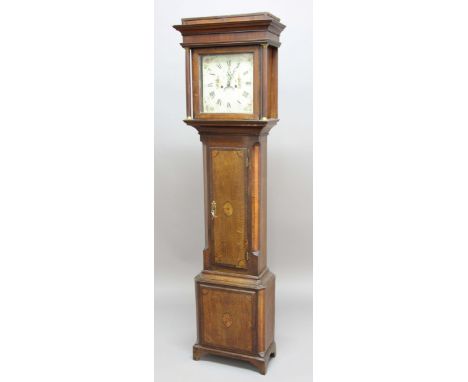 OAK AND INLAID LONGCASE CLOCK, the 11 3/4" painted dial with subsidiary seconds dial and date aperture on a brass eight day m