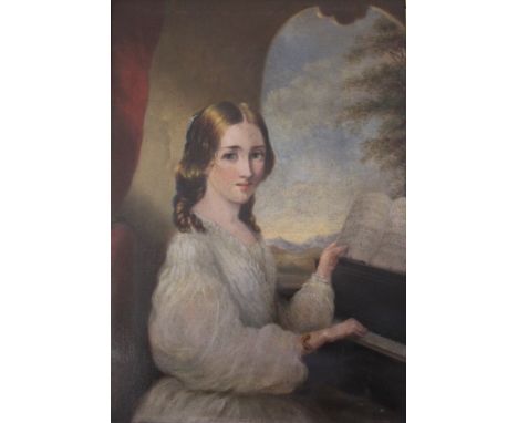 `MRS POPHAM` (Fl.c.1865?) THE SISTER ARTS: A YOUNG LADY PLAYING A PIANO Inscribed The Sister Arts/ by Mrs Popham on the stret