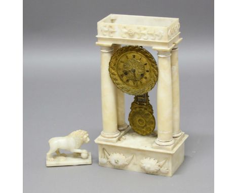 ALABASTER PORTICO CLOCK, the 7" gilt dial on a brass movement striking to a bell, supported on four columns and surmounted by