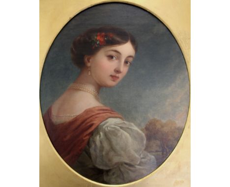 PAUL FALCONER POOLE, RA (1807-1879) PORTRAIT OF A YOUNG LADY Quarter length, wearing pearl jewellery and a sprig off lower in