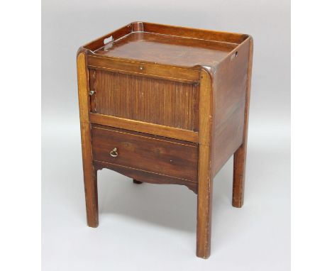 GEORGE III MAHOGANY TRAY TOP COMMODE, with tambour door and single drawer beneath, height 74cm, width 51cm, depth 45cm
