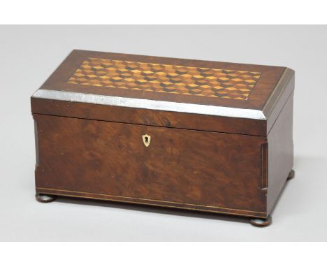 REGENCY SPECIMEN WOOD TEA CADDY, the 'tumbling cube' inlaid cover enclosing a fitted interior with two canisters with covers 