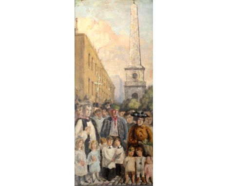 •GEORGE CHARLTON (1899-1979)  THE COMMONERS' WEDDING  Oil and pencil on board, probably a preparatory work  58 x 24.5cm.  * T