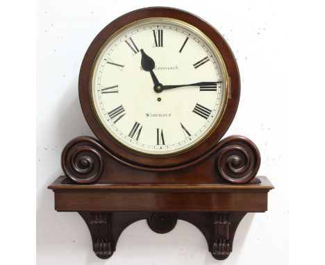 VICTORIAN MAHOGANY BANK WALL CLOCK, the 13" enamelled dial inscribed Robt Leversuch, Stanmore, on a bass eight day single fus