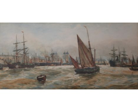 R. MALCOLM LLOYD (1859-1907) SHIPPING ON THE THAMES NEAR THE TOWER OF LONDON Signed and dated 1891, watercolour 29 x 59cm. ++