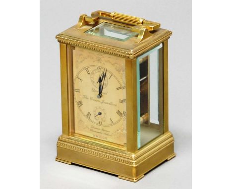 THOMAS MERCER GARRARD AND CO GOLD FACED CARRIAGE TIMEPIECE, the eight day chronometer movement on a 9ct gold and diamond set 