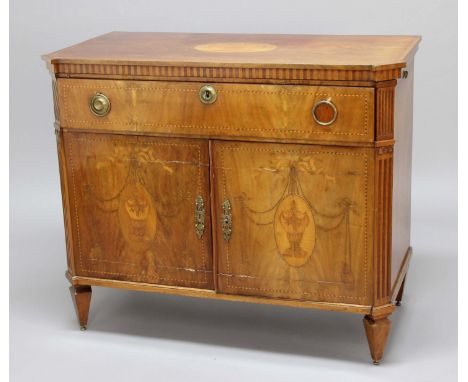 ITALIAN NEO-CLASSICAL COMMODE, the top inlaid with an urn above a single fitted drawer and a pair of cupboards inlaid with sw