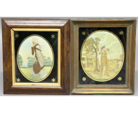 TWO GEORGE III SILKWORK PICTURES, early 19th century, the first of a lady standing before a country house, the second of a la