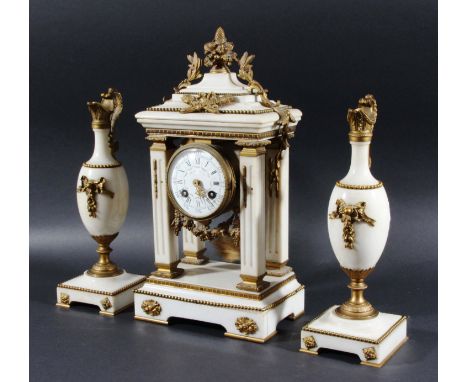FRENCH PORTICO CLOCK GARNITURE, late 19th century, the 3 1/2" enamelled dial inscribed Ch. Suplisson, Troyes, on a brass eigh