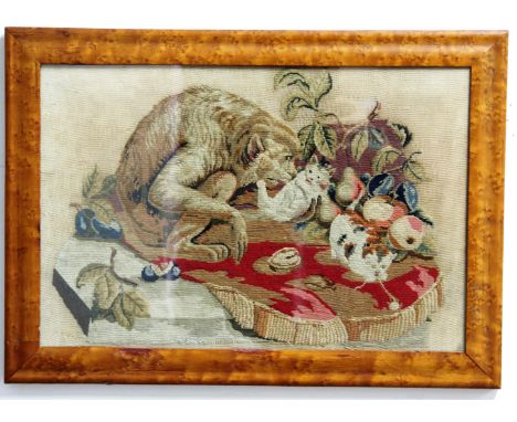 VICTORIAN NEEDLEWORK PICTURE of a monkey and kittens playing amongst fruit, framed, 28cm x 43cm
