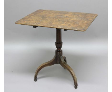 OYSTER VENEERED TRIPOD OCCASIONAL TABLE, probably olive wood, the rectangular top on a turned column and downswept tripod bas