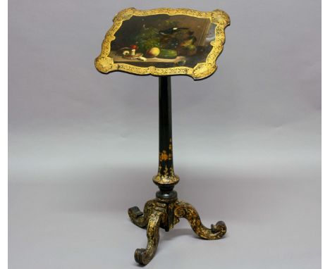 VICTORIAN PAPIER MACHE MUSIC STAND, the folding, shaped rectangular top painted with a magpie with fruit and vegetables, on a