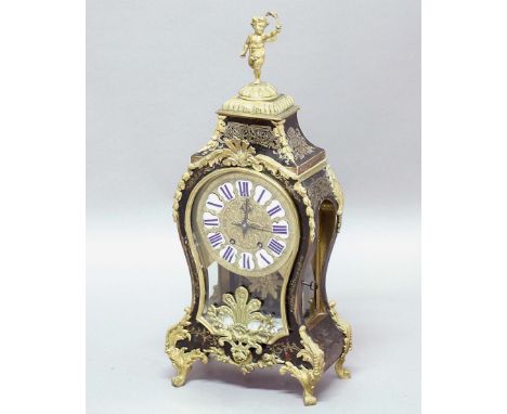 FRENCH BOULLE STYLE BRACKET CLOCK, mid 19th century, the 6 1/2" brass dial with enamelled numerals on a brass movement hourly