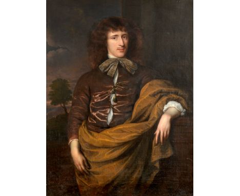 ATTRIBUTED TO JOHN MICHAEL WRIGHT (1617-1694) PORTRAIT OF A GENTLEMAN Standing, three quarter length, wearing a brown suit, n