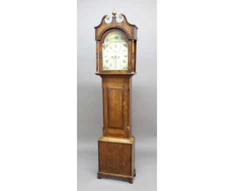 OAK LONGCASE CLOCK, the 12 1/2" painted dial with subsidiary seconds dial and date aperture, inscribed ? R Jobel?, Yeovil, be