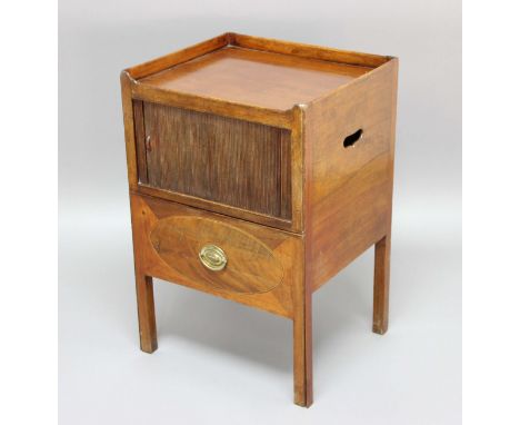 GEORGE III MAHOGANY TRAY TOP COMMODE, with a tambour door above the adapted commode drawer, height 75cm, width 54cm, depth 44