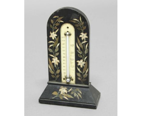 ASHFORD BLACK MARBLE TABLE THERMOMETER, inlaid with lily of the valley, height 17cm