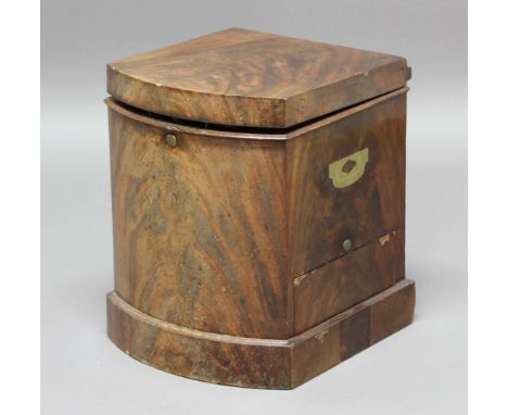 MAHOGANY BOW FRONTED BOX, early 19th century, the button release cover above a single side drawer and campaign style recessed