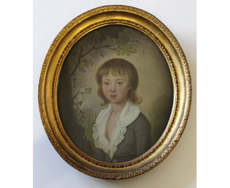CIRCLE OF JOSEPH WRIGHT (1756-1793) PORTRAIT OF A BOY Bust length, wearing a grey coat and white shirt, in a landscape, oil o