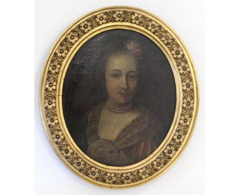 ENGLISH SCHOOL, 18th CENTURY PORTRAIT OF A LADY Bust length, wearing a pearl necklace and flowers in her hair, oil on canvas,