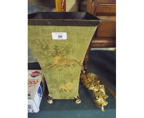 A Waisted Bin with Lion and Leopard Decoration and A Pair of Gilt Curtain Tie Backs
