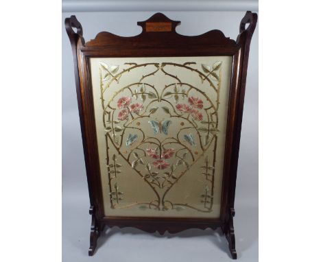 A Good Art Nouveau Mahogany Framed Silk Embroidered Fire Screen with Presentation Mount By Major General T R J Bonnet CB MBE 