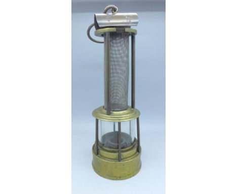 A 19th Century 'Clanny' brass miner's safety lamp with gauze funnel, no makers mark or stamps