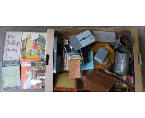 Assorted items;- two tankards, cameras, tea cards, My Dolly's Home by Davey after Helen Waite, costume jewellery, a magnifyin