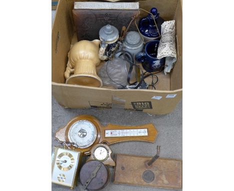 An Edwardian photograph album, an Olympus Trip 35 camera, two clocks, barometer, balance scales, decanters including Ballanti