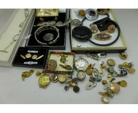 Costume jewellery including a silver bracelet, an agate bracelet, tiger's eye earrings and bracelet, Scottish brooches and cu