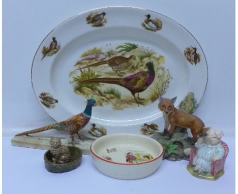 A Beswick Beatrix Potter figure, Little Pig Robinson Spying, a Beswick Pheasant, a/f, an Alfred Meakin Nursery Rhyme baby's b