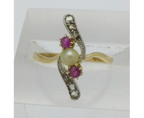 An 18ct gold, ruby, diamond and pearl ring, 2g, N