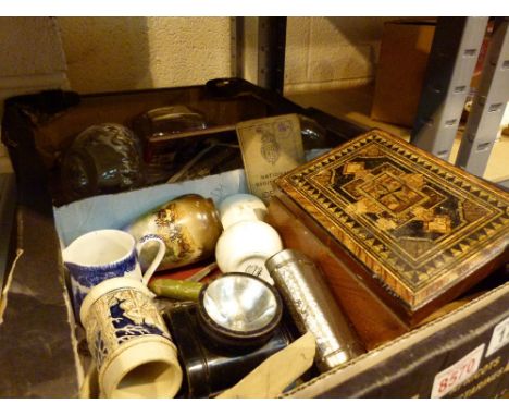 Box of mixed collectables including a decanter and military related items 
