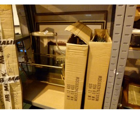Mixed shelf of pictures, decorations and a brass and onyx magazine rack 