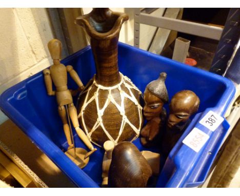 Box of wooden items and a large ceramic vase