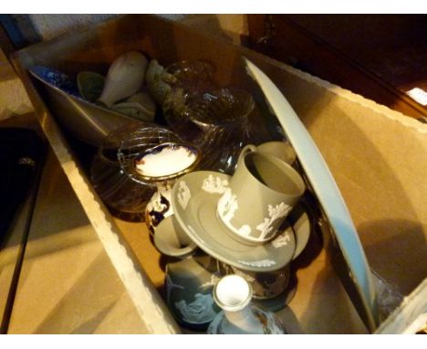 Box of ceramics and glass including Caithness and Doulton