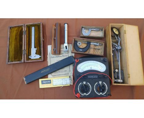 An Avometer 8 Mk 5 and a selection of engineering tools to include two micrometers, a run out gauge, a Bellingham & Stanley p