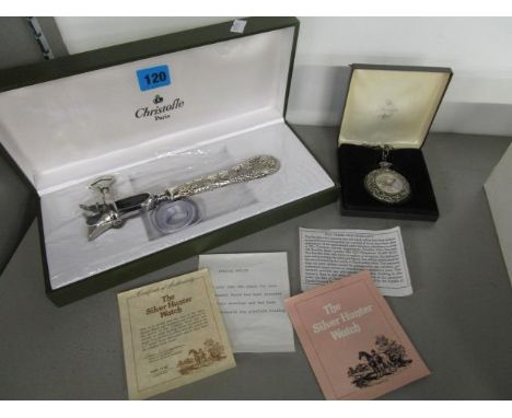 A 925 silver cased Franklin Mint half-hunter pocket watch, the face with a printed fox hunting scene, with box and certificat