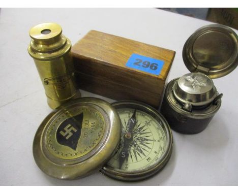 A mixed lot to include a reproduction Nazi compass, boxed telescope and a travelling inkwell 
