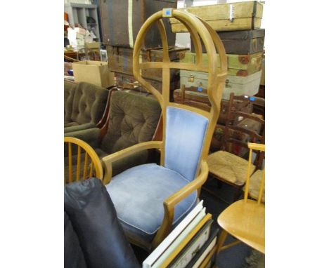 A pair of modern light oak, porters style armchairs with  orange and blue upholstery 