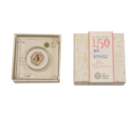 Elizabeth II, 2016 "Mrs Tiggy-Winkle" Colourised Silver Proof Fifty Pence. Obv: Fifth portrait of Elizabeth II right, JC belo